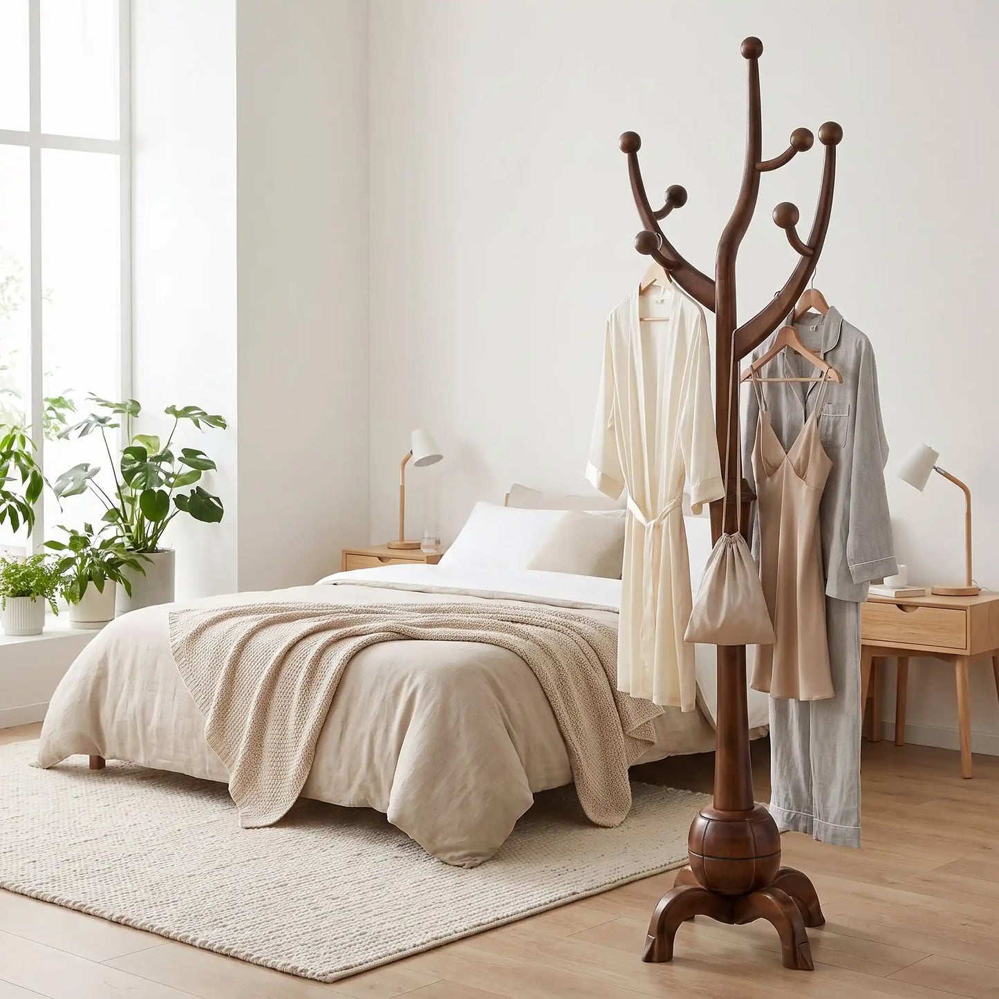 Porte‑manteau en bois massif sculpté dans une chambre naturelle avec vêtements suspendus.