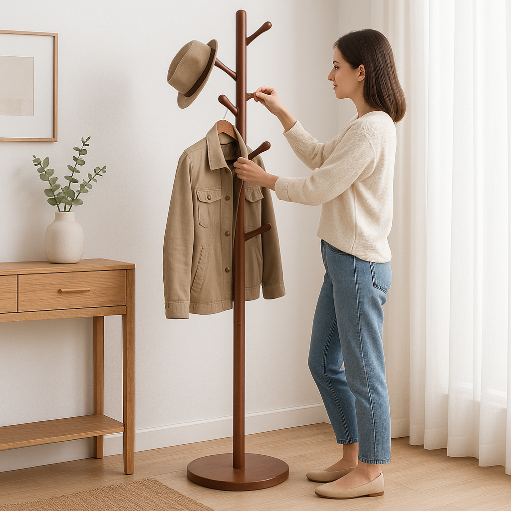 Porte-manteau bois massif sur pied entrée