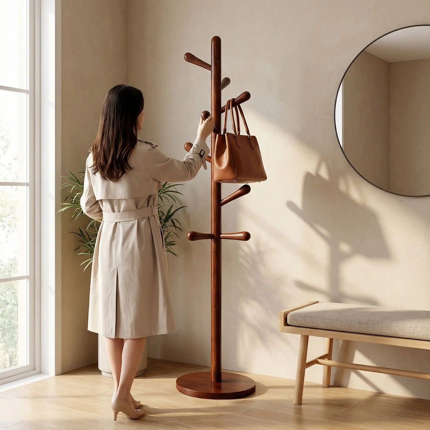 Porte-manteau bois massif sur pied entrée