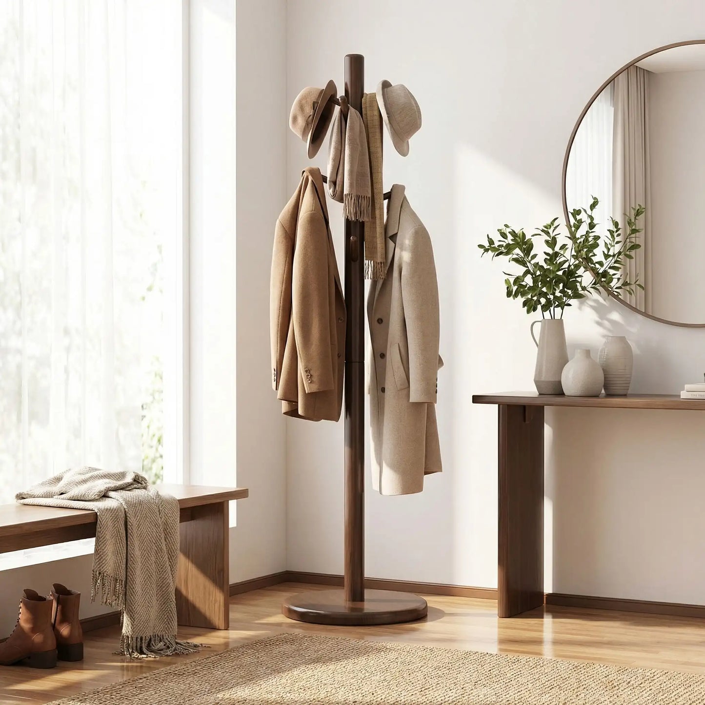 Porte-manteau en bois massif sur pied, stabilité absolue