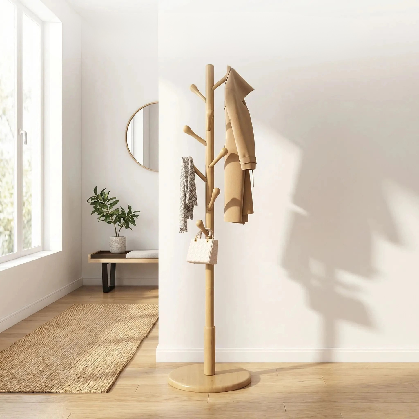 Porte-manteau sur pied en bois massif de couleur naturel, design scandinave pour entrée moderne