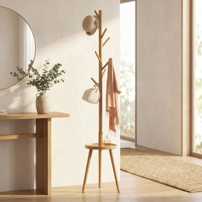 Porte-manteau sur pied en bois naturel avec sac et chapeau dans une entrée scandinave