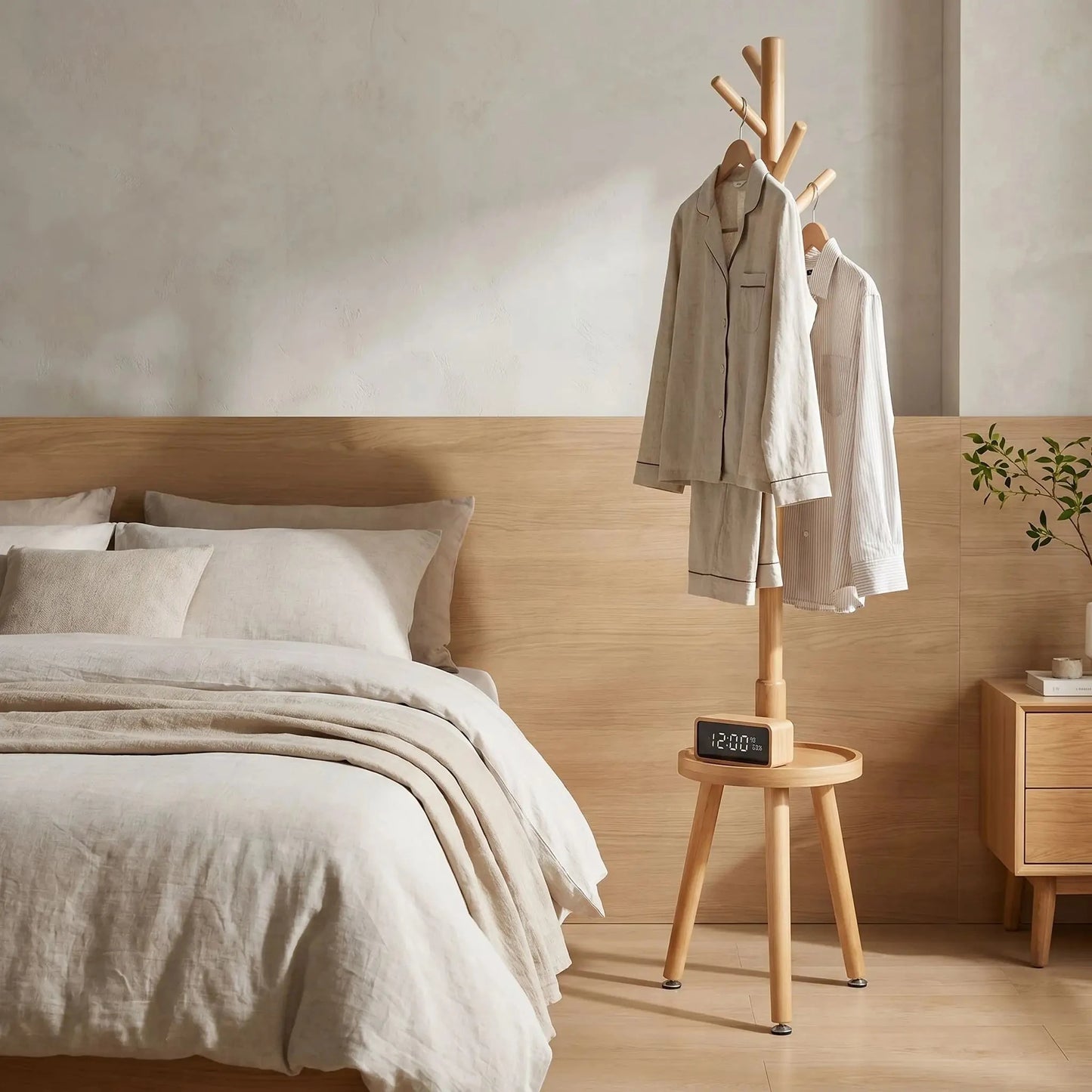 Porte-manteau en bois massif utilisé comme valet de nuit dans une chambre moderne et épurée