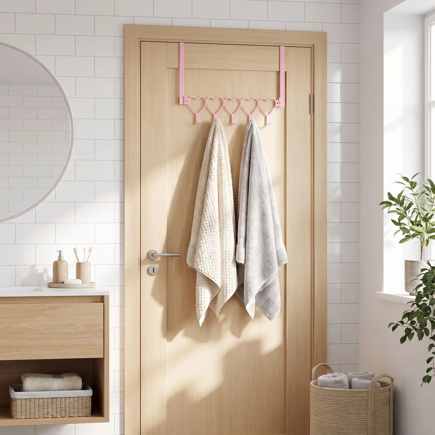 Porte-manteau de porte cœur rose sans perçage style scandinave pour organisation dans une salle de bain
