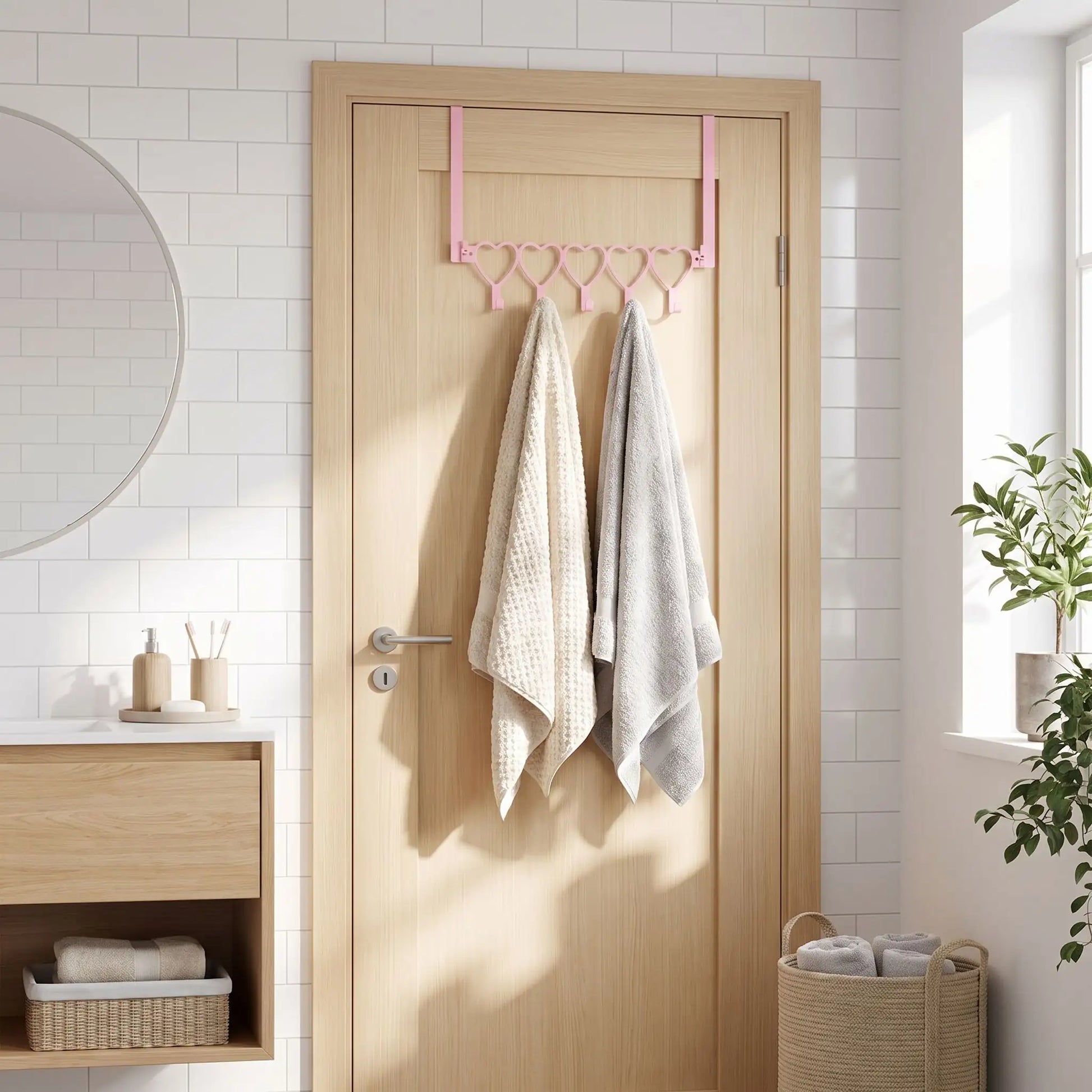 Porte-manteau de porte cœur rose sans perçage style scandinave pour organisation dans une salle de bain