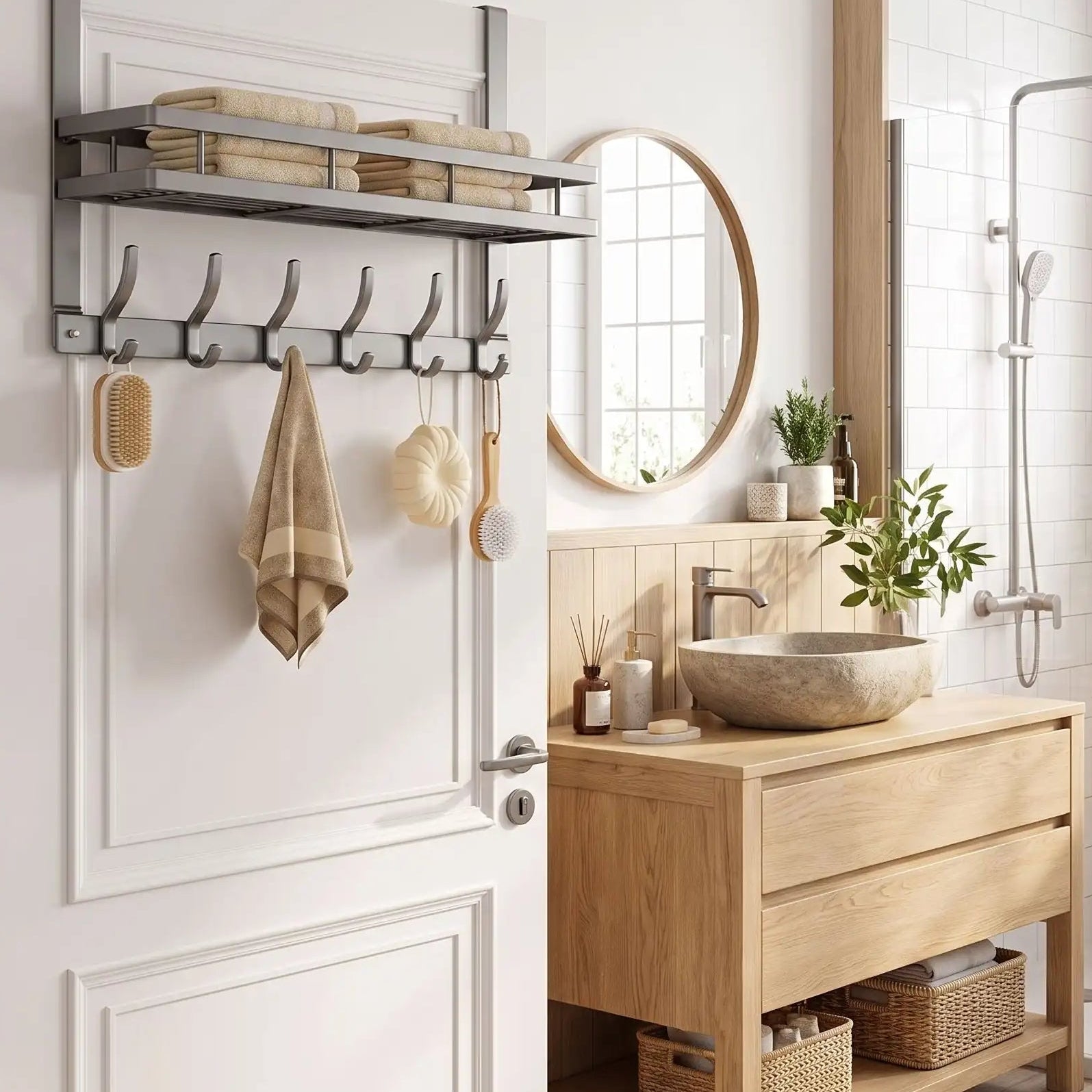 Porte manteau de porte sans perçage avec panier, idéal pour optimiser l’espace de la salle de bain