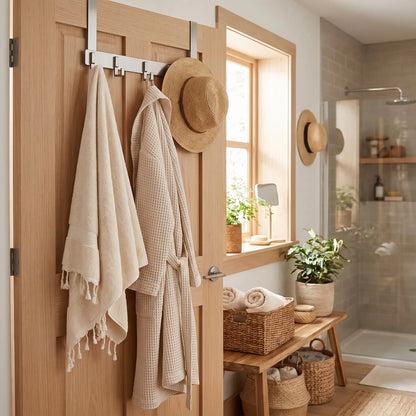 Porte‑manteau de porte sans perçage inox blanc LYKKE™ avec 6 crochets dans une salle de bain organisée