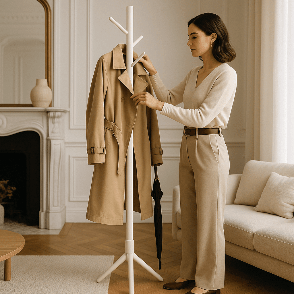 Femme accrochant un manteau sur un porte-manteau sur pied blanc dans une pièce lumineuse