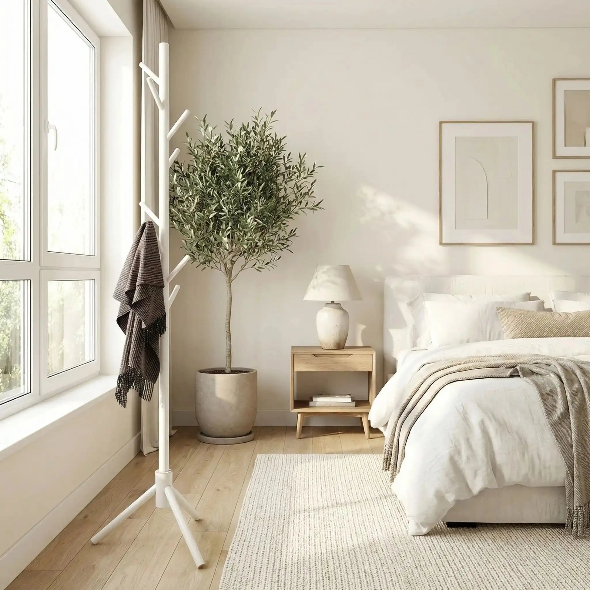 Porte-manteau sur pied blanc au design scandinave épuré dans une chambre lumineuse