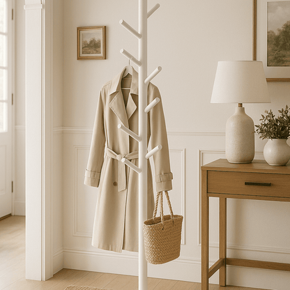 Porte-manteau en bois naturel style scandinave avec vêtements dans une chambre