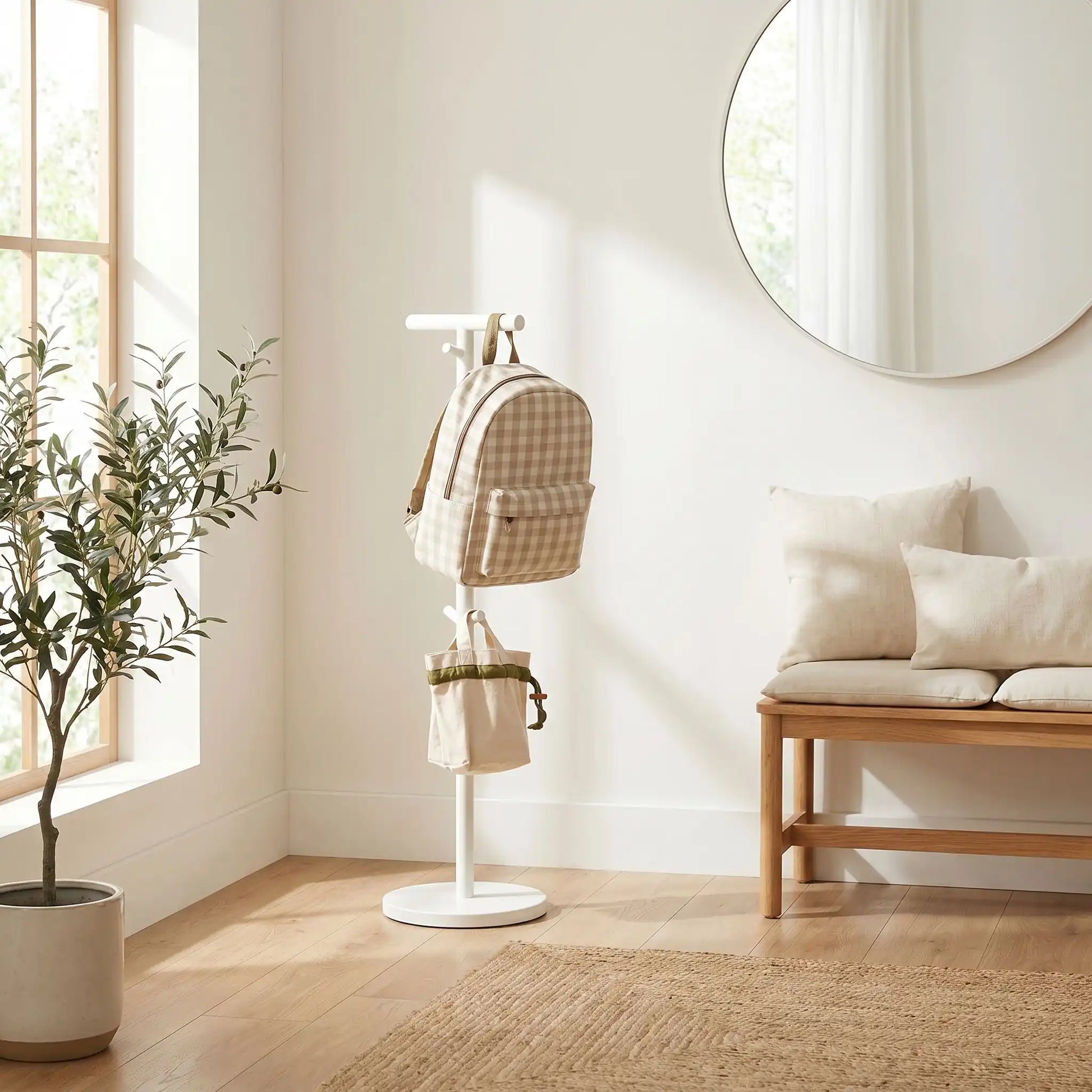 Porte-manteau enfant sur pied blanc au design épuré avec un sac à dos, idéal pour une décoration de chambre d'enfant moderne.