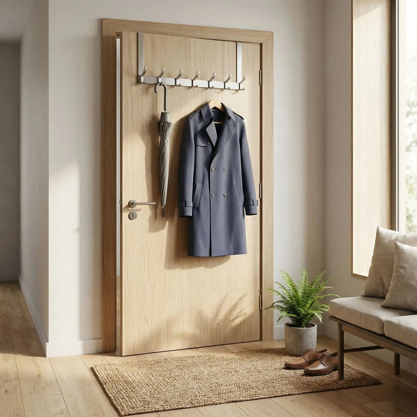 Porte-manteau de porte UrbanRack en aluminium utilisé dans une entrée pour suspendre une veste et un parapluie