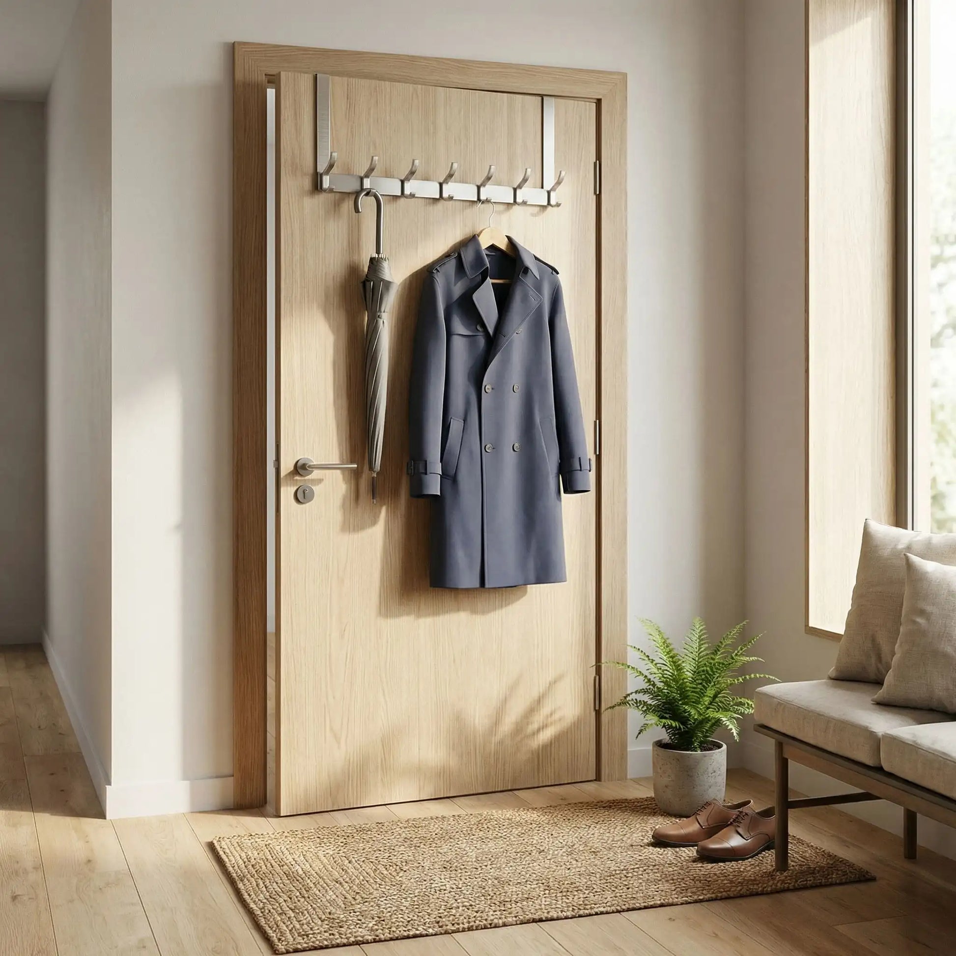 Porte-manteau de porte UrbanRack en aluminium utilisé dans une entrée pour suspendre une veste et un parapluie