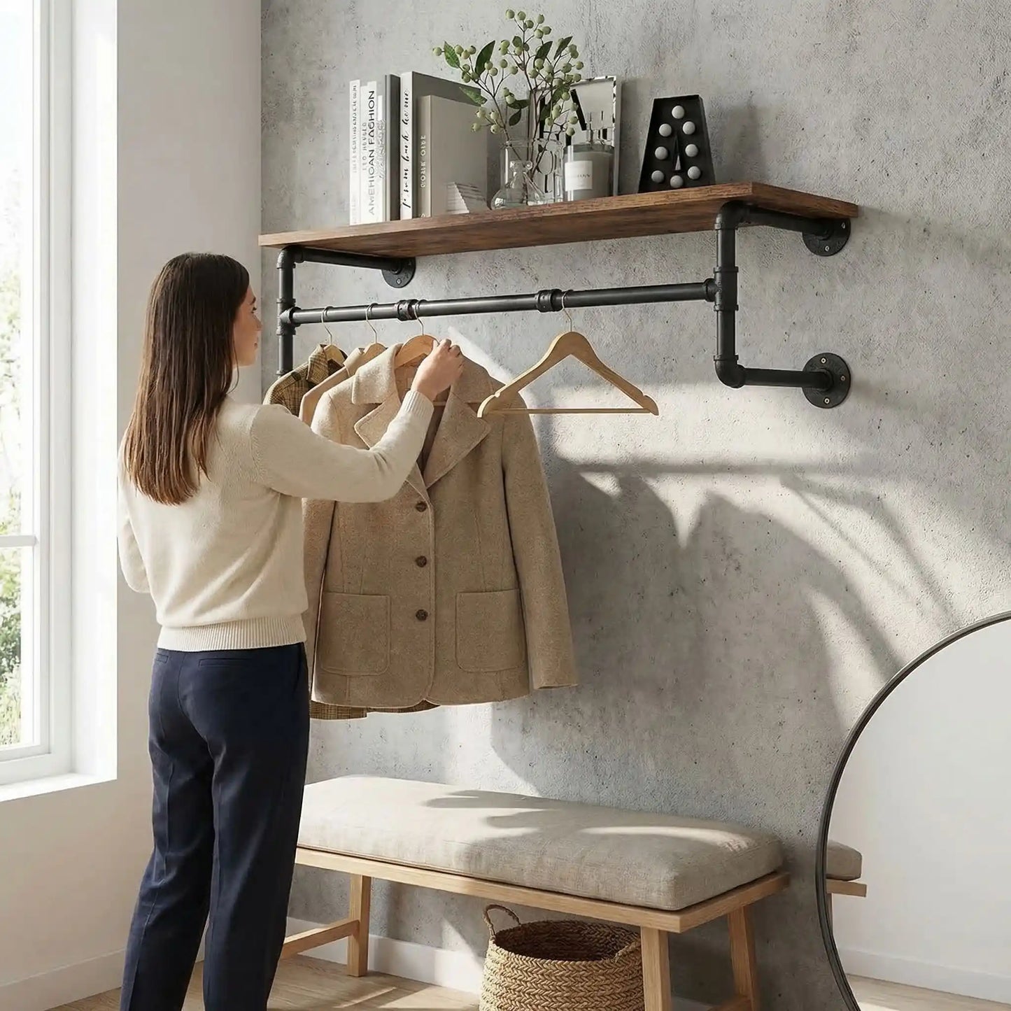 Porte manteau etagere mural industriel solide
