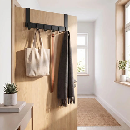 Porte‑manteau de porte LYKKE™ en inox noir, sans perçage, 6 crochets gain de place