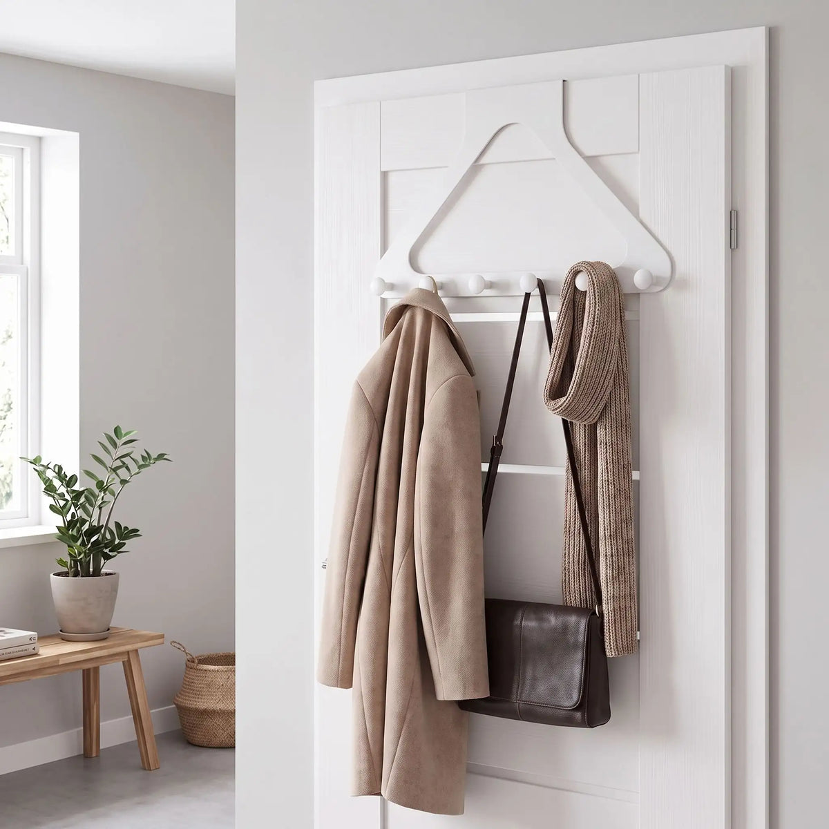Porte‑manteau de porte LYKKE™ sans perçage, crochets et patères résistants, finition blanc immaculé