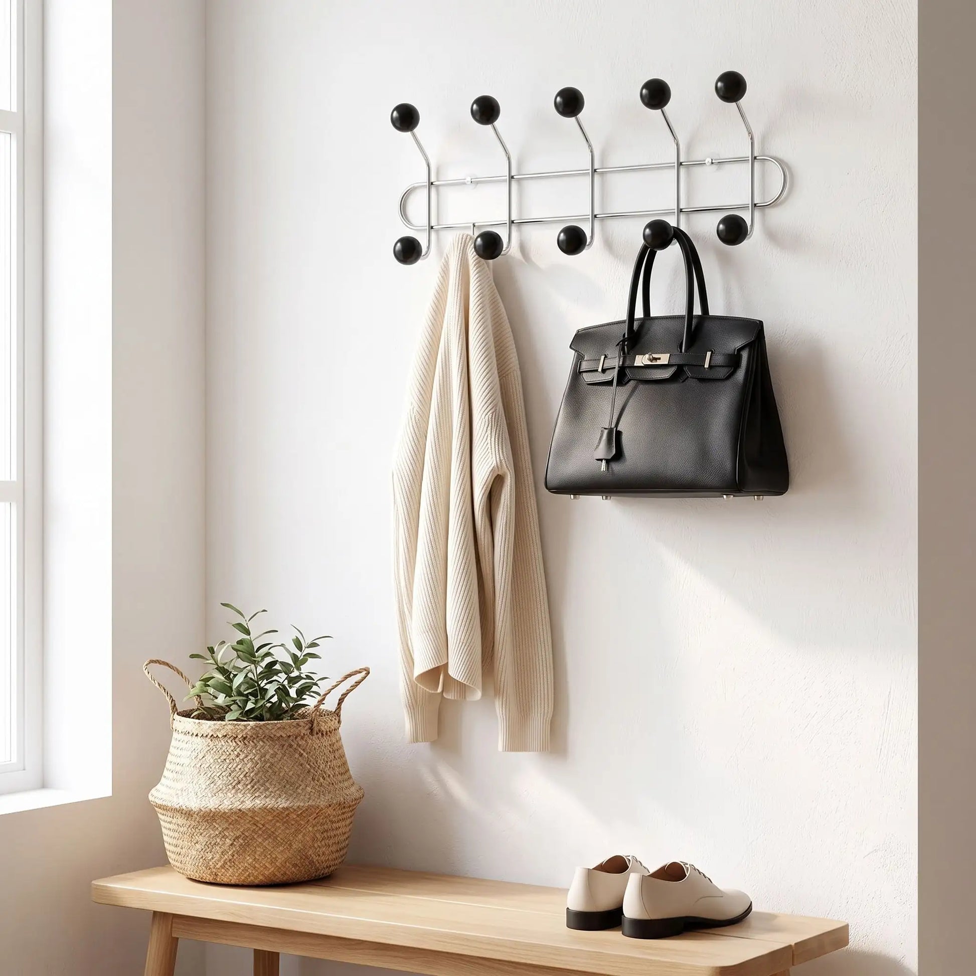Porte‑manteau mural LYKKE™ vintage noir, crochets doubles robustes, (version 5 crochets doubles)