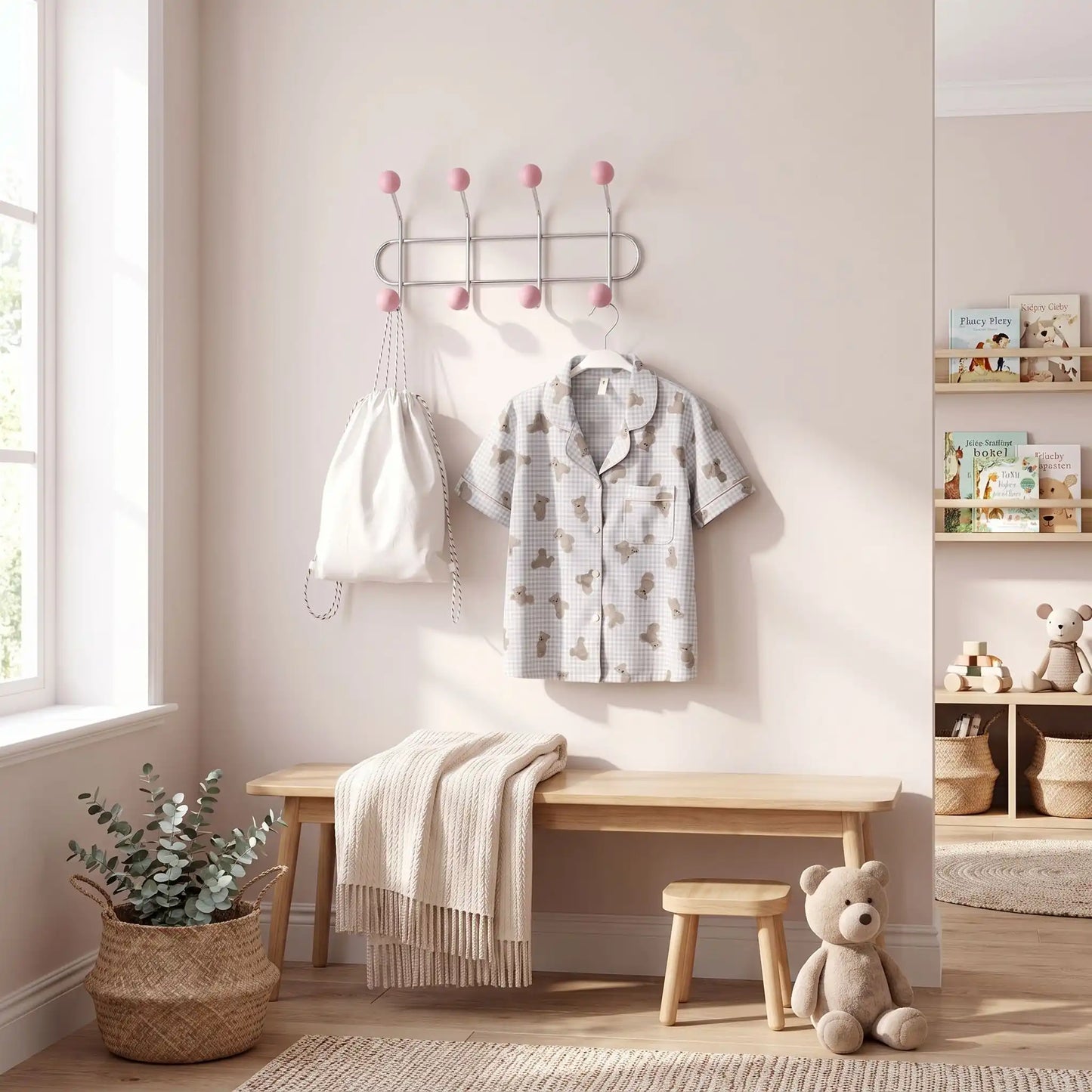 Porte‑manteau mural LYKKE™ vintage rose, crochets doubles robustes  dans une chambre d'enfant