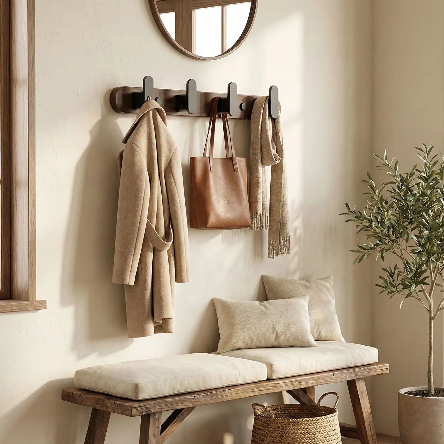 Petit porte-manteau mural Harmony en bois noir avec 4 crochets, idéal pour les petits espaces, décoré avec un miroir et une plante.