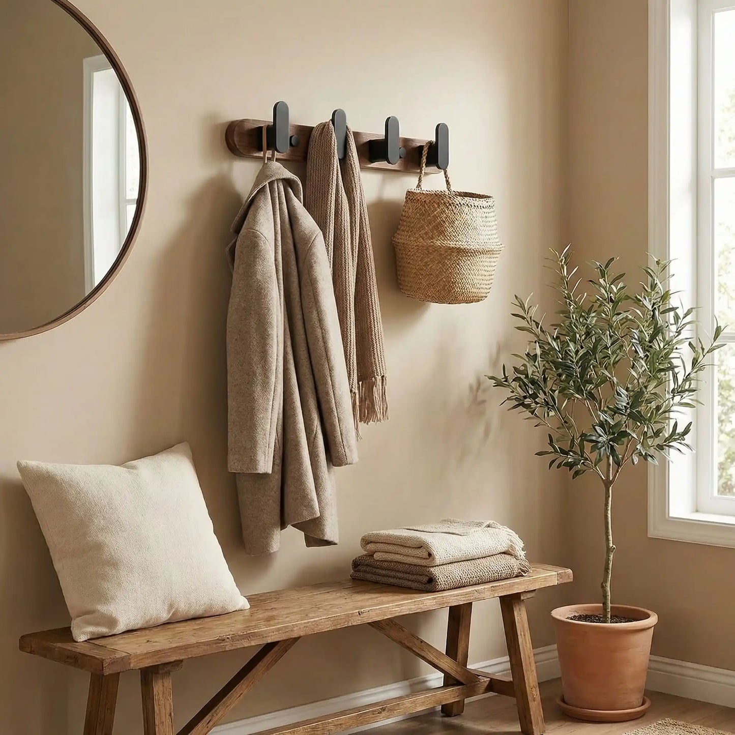 Porte-manteau mural Harmony en bois massif noir avec 4 crochets, installé dans une entrée scandinave.