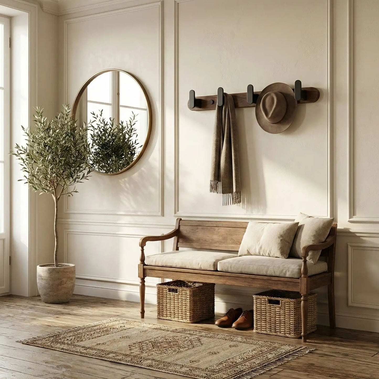 Porte-manteau mural Harmony avec 5 crochets en bois noir, fixé au-dessus d'un banc d'entrée avec paniers de rangement.