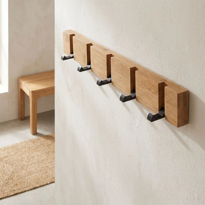 Porte-manteau mural en bambou naturel massif 5 crochets rétractables aspect bois chaleureux pour entrée moderne