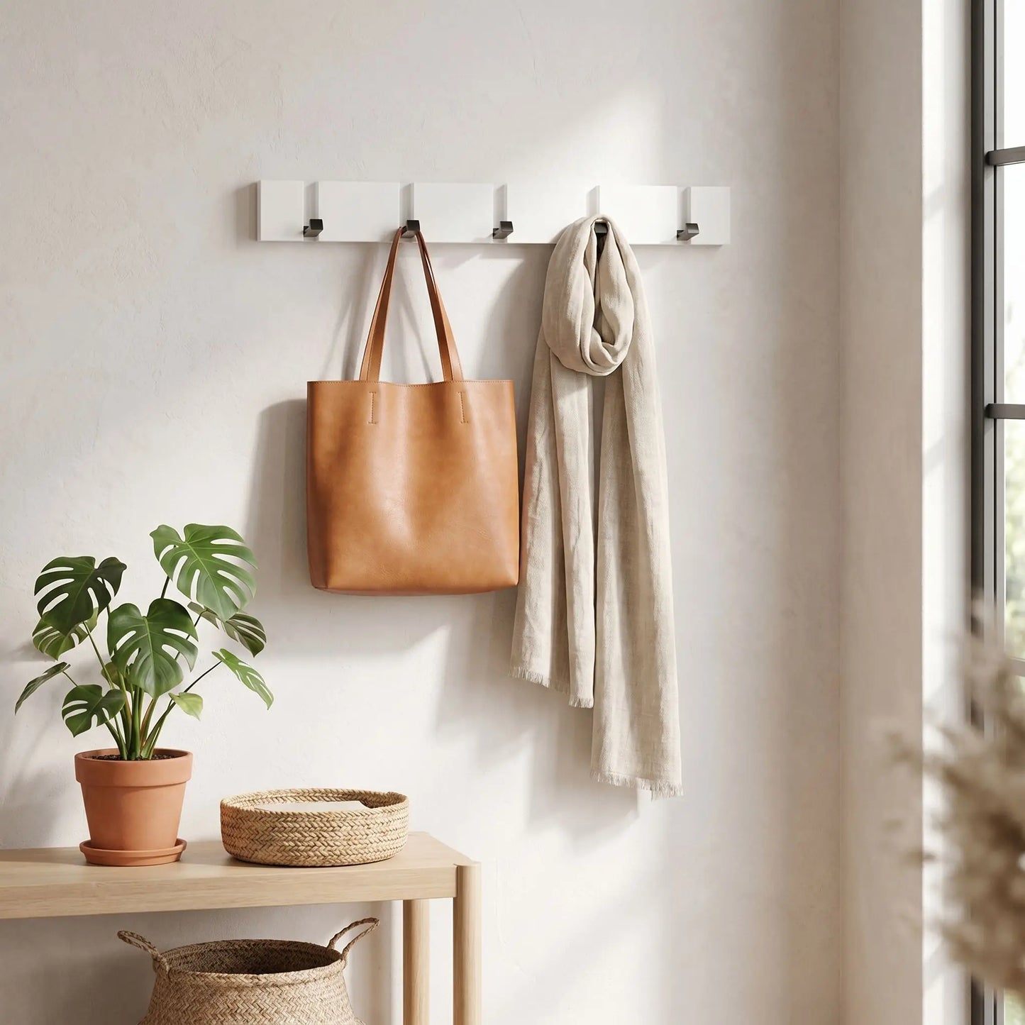 Porte-manteau mural blanc scandinave en bambou mat 5 crochets rabattables installé dans une entrée moderne avec sac écharpe et plante Rangement Signature