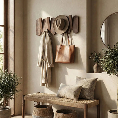 Porte manteau mural bois avec chapeau et veste