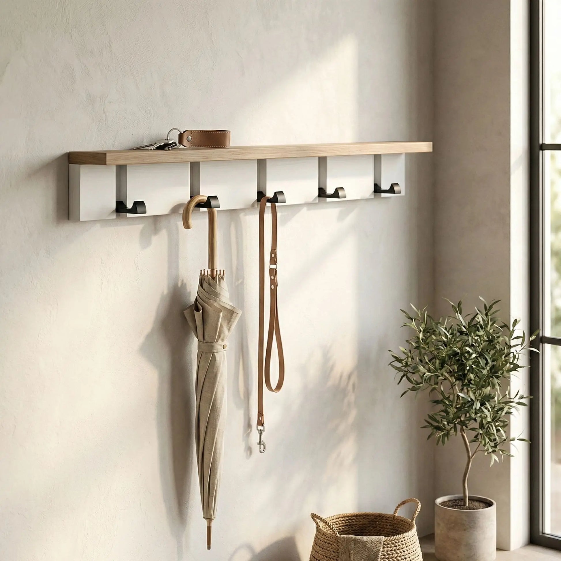 Porte manteau mural bois avec laisse et parapluie Bambou