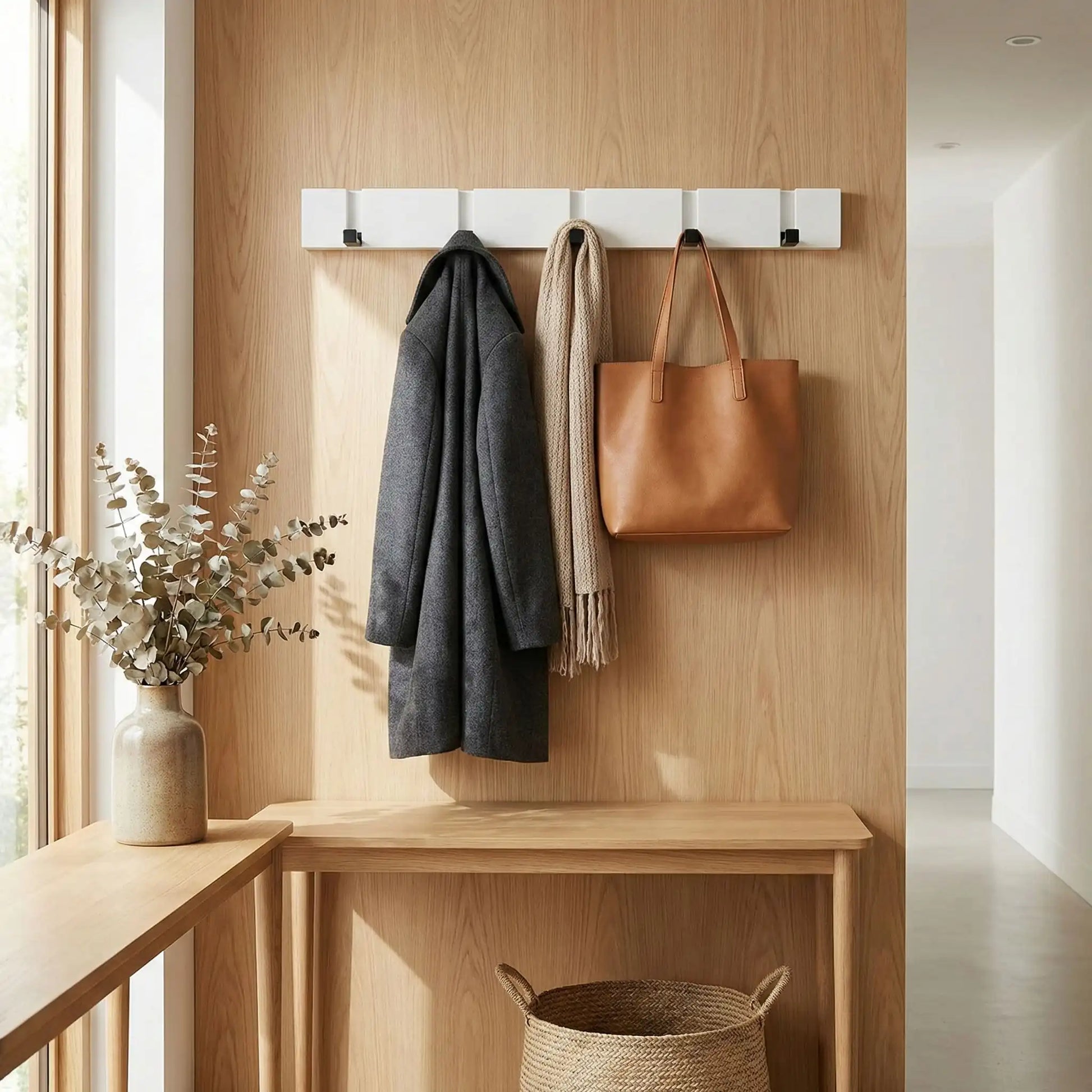 Porte manteau mural bois avec veste et écharpe Bambou