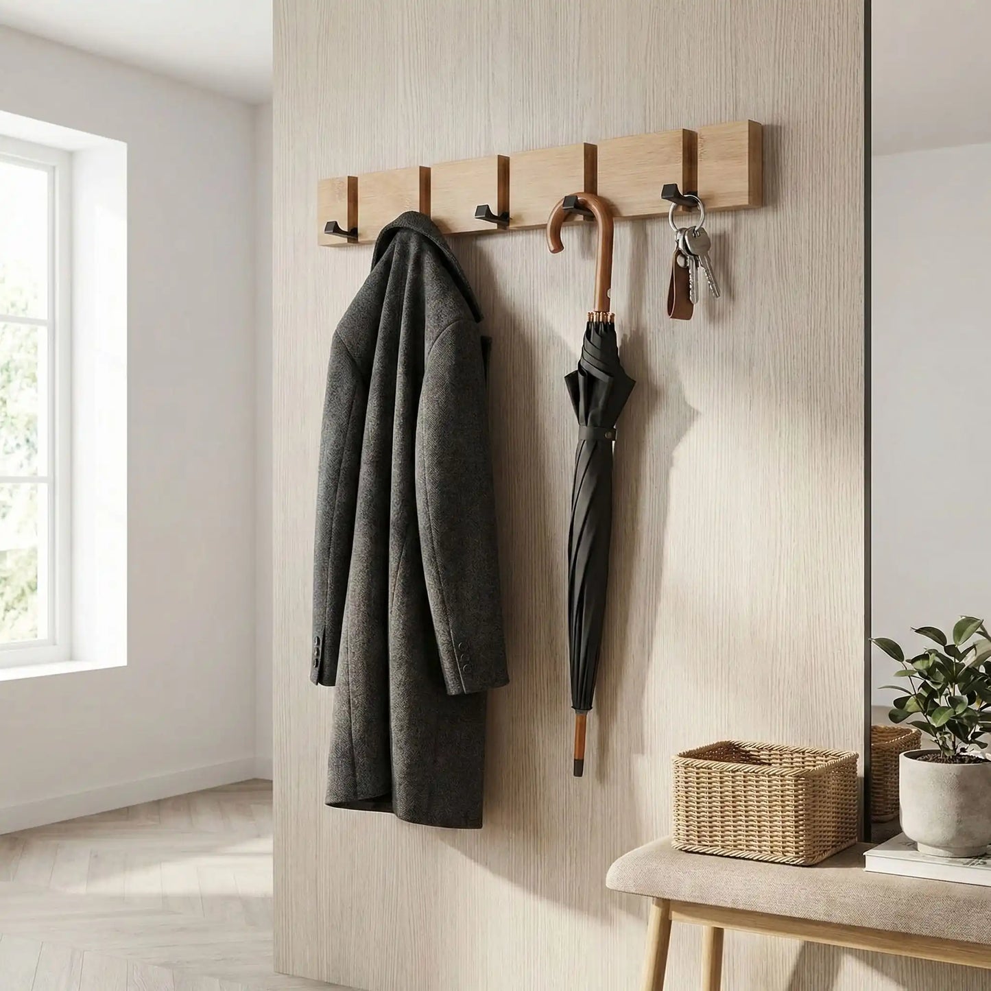Porte-manteau mural bois bambou naturel 5 crochets rabattables en utilisation avec manteau d'hiver parapluie et trousseau de clés