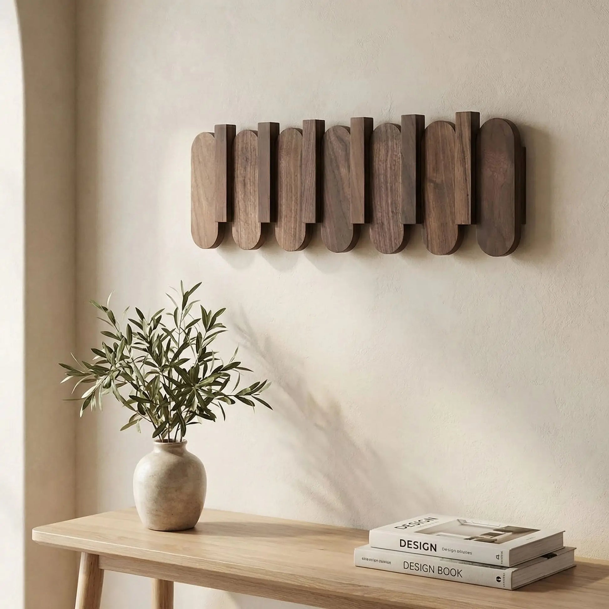 Porte-manteau mural en bois de noyer massif avec 6 crochets rabattables - Modèle 43,5 cm