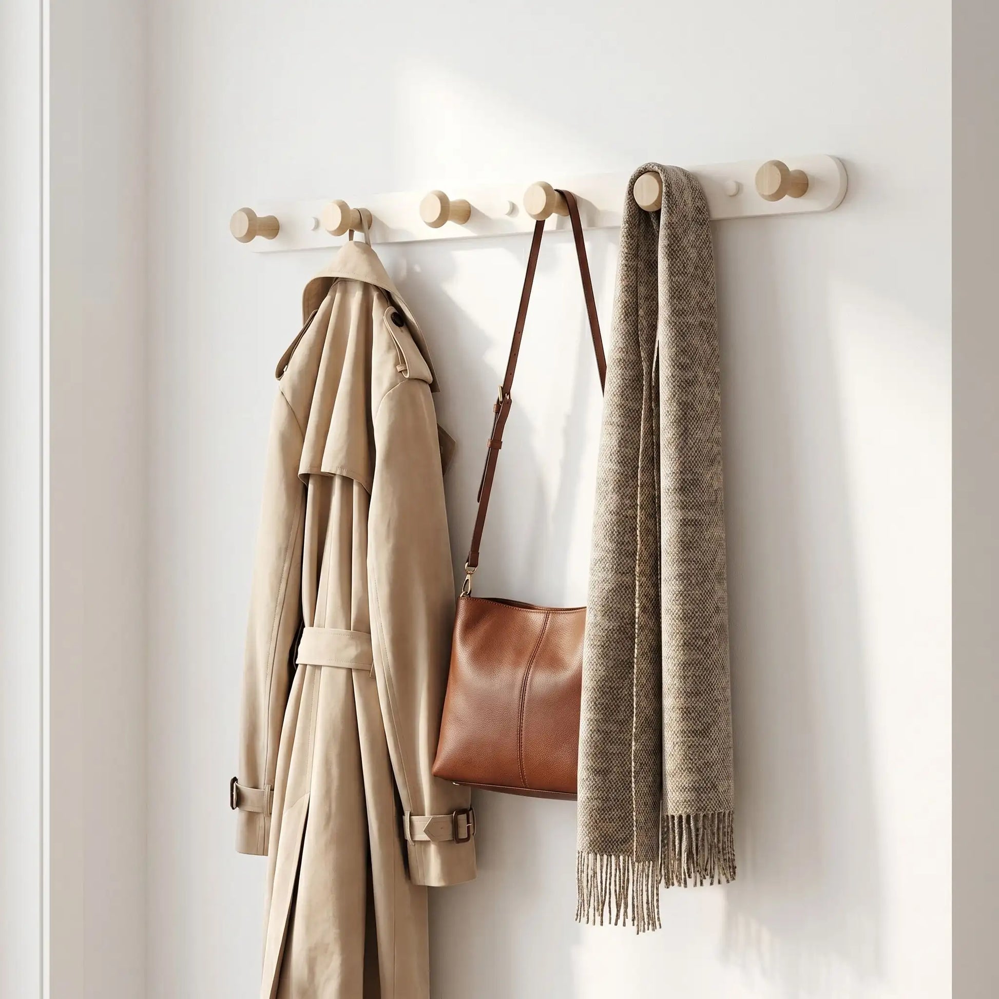 Porte-manteau mural scandinave en bois de hêtre massif avec 6 crochets blancs, décoré d'un trench-coat et d'un sac à main marron.