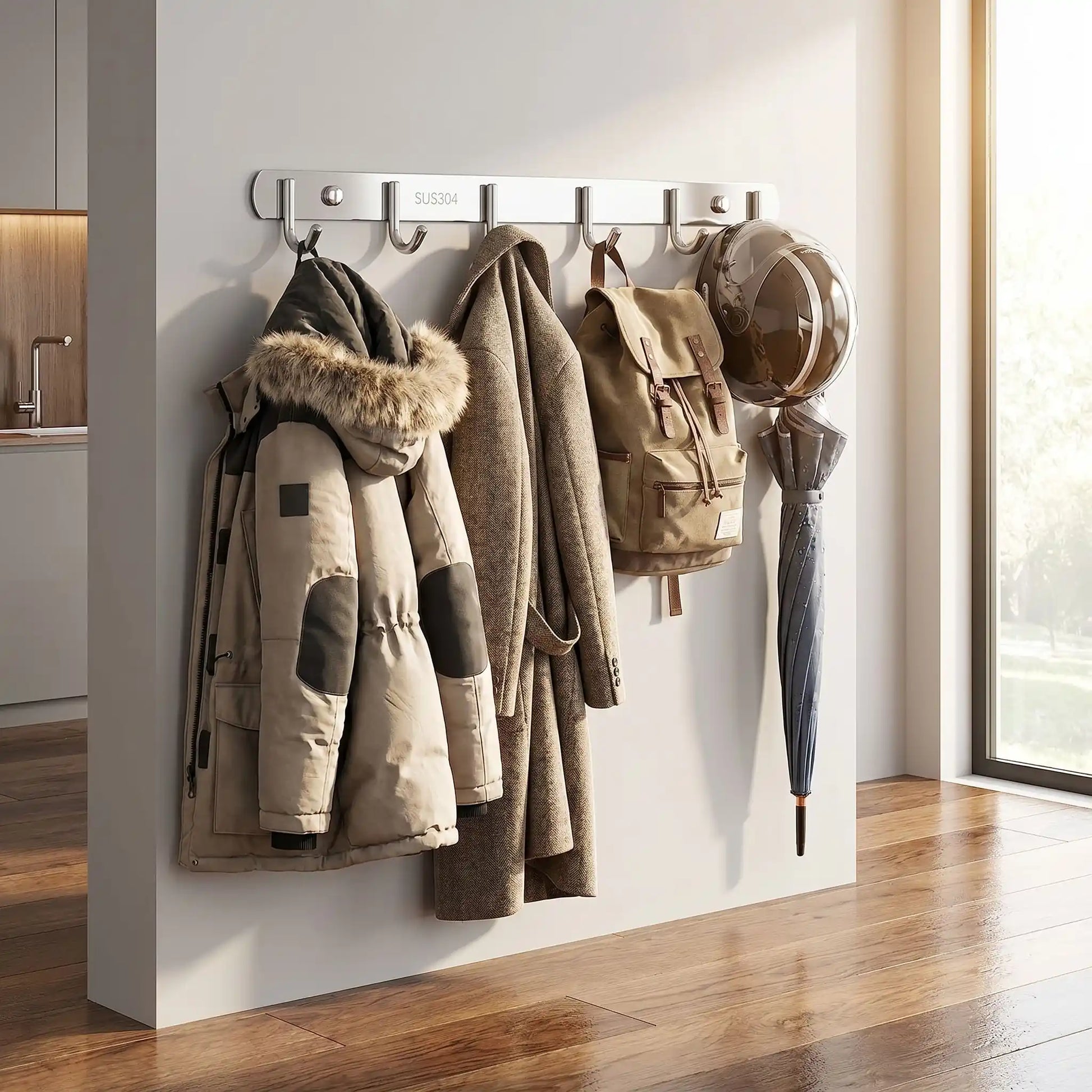 Porte-manteau mural Le Pêcheur en inox supportant plusieurs vêtements lourds : parka d'hiver, manteau long, sac à dos et parapluie, démontrant sa haute capacité de charge.