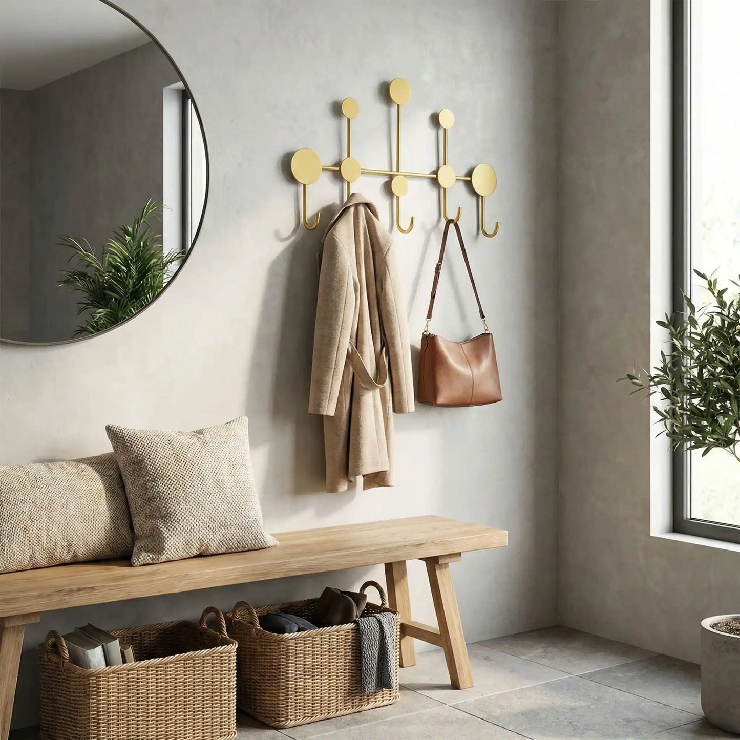 Mise en situation d'un porte-manteau mural design Orno en fer forgé doré dans une entrée moderne avec miroir rond, banc en bois et paniers de rangement.