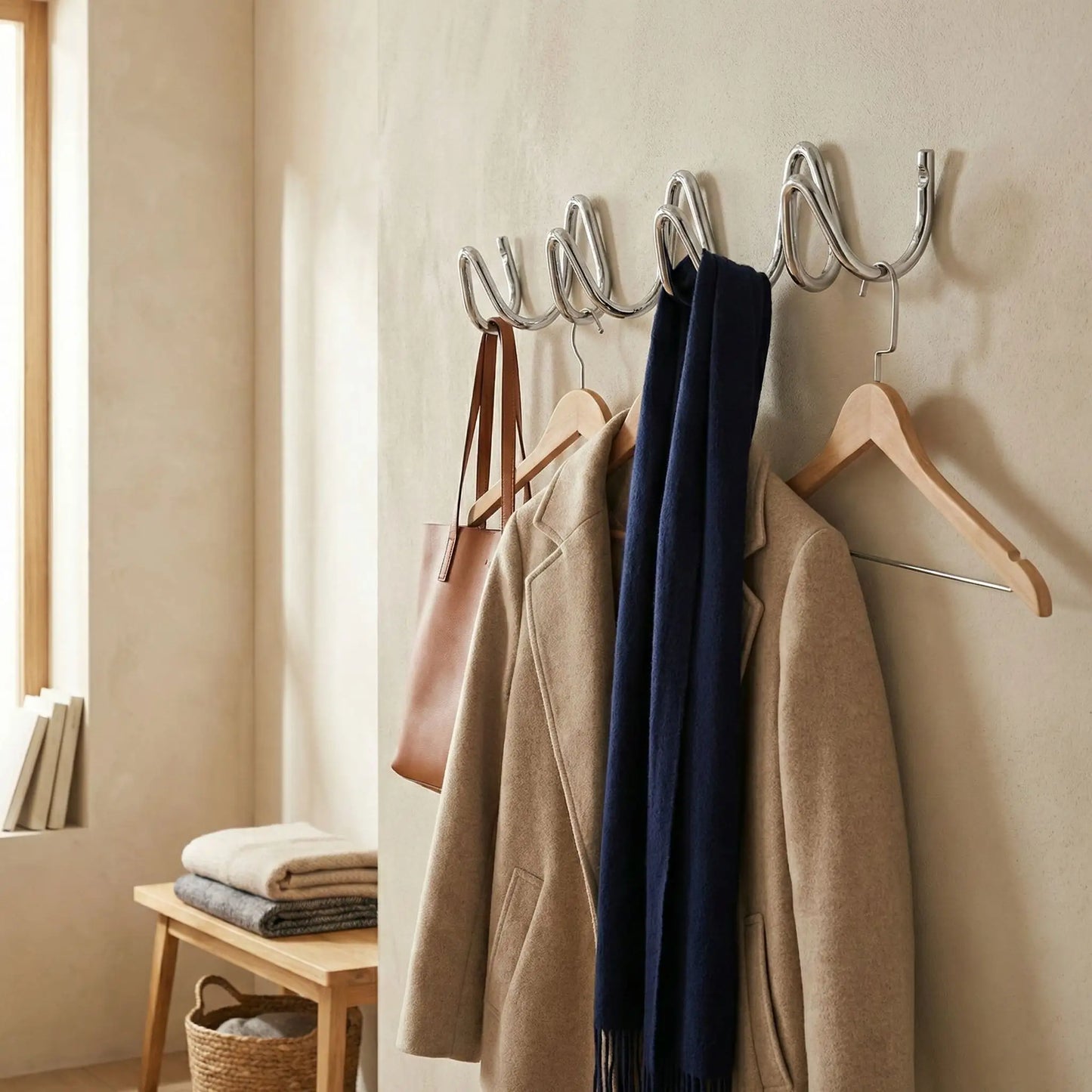 Porte manteau mural design avec cintres et foulard Élégance Ondulée