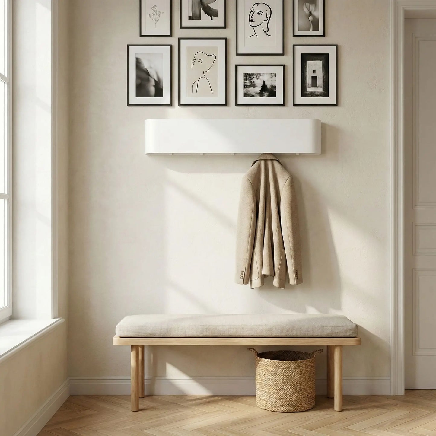 Porte manteau mural design dans une belle entrée avec cadres