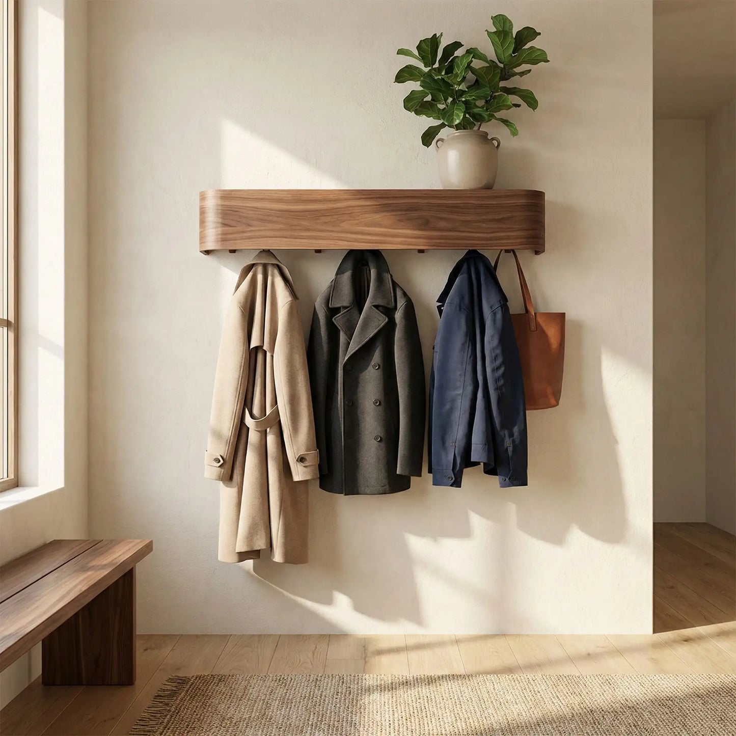 Porte manteau mural design dans une belle entrée ensoleillée