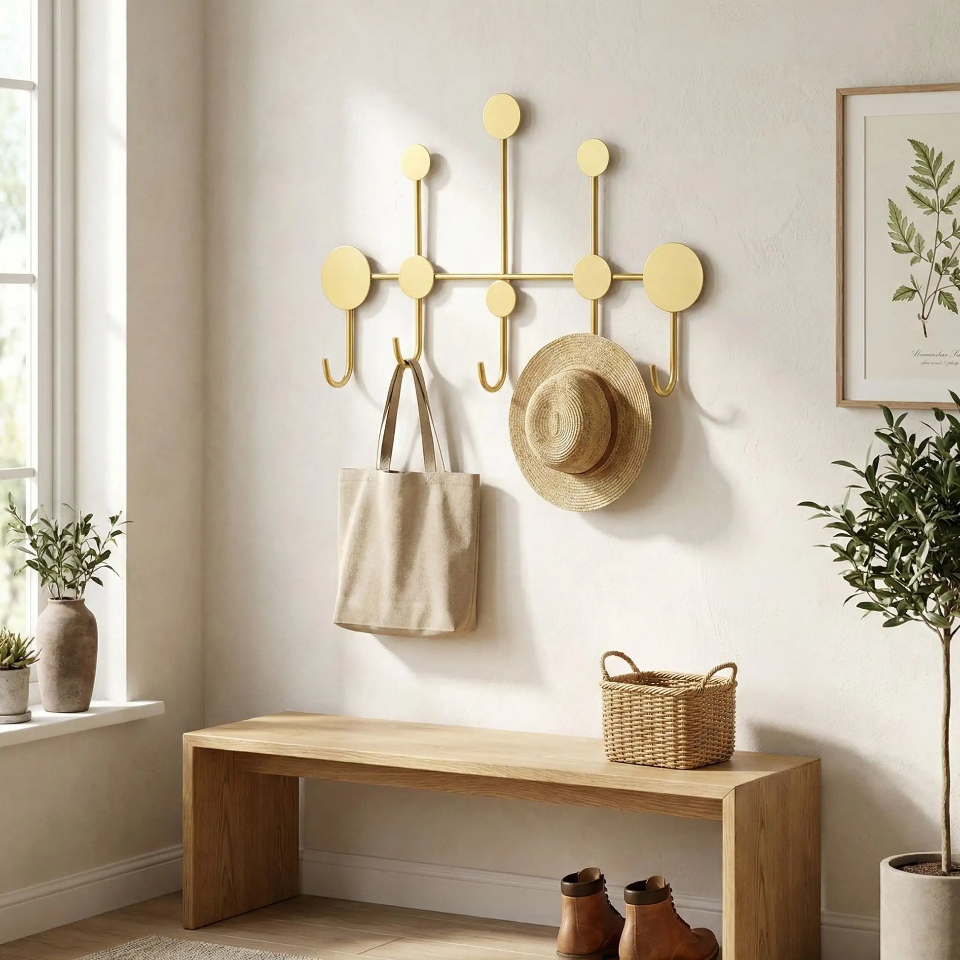 Porte-manteau mural design en fer forgé doré Orno installé dans une entrée lumineuse au-dessus d'un banc en bois.