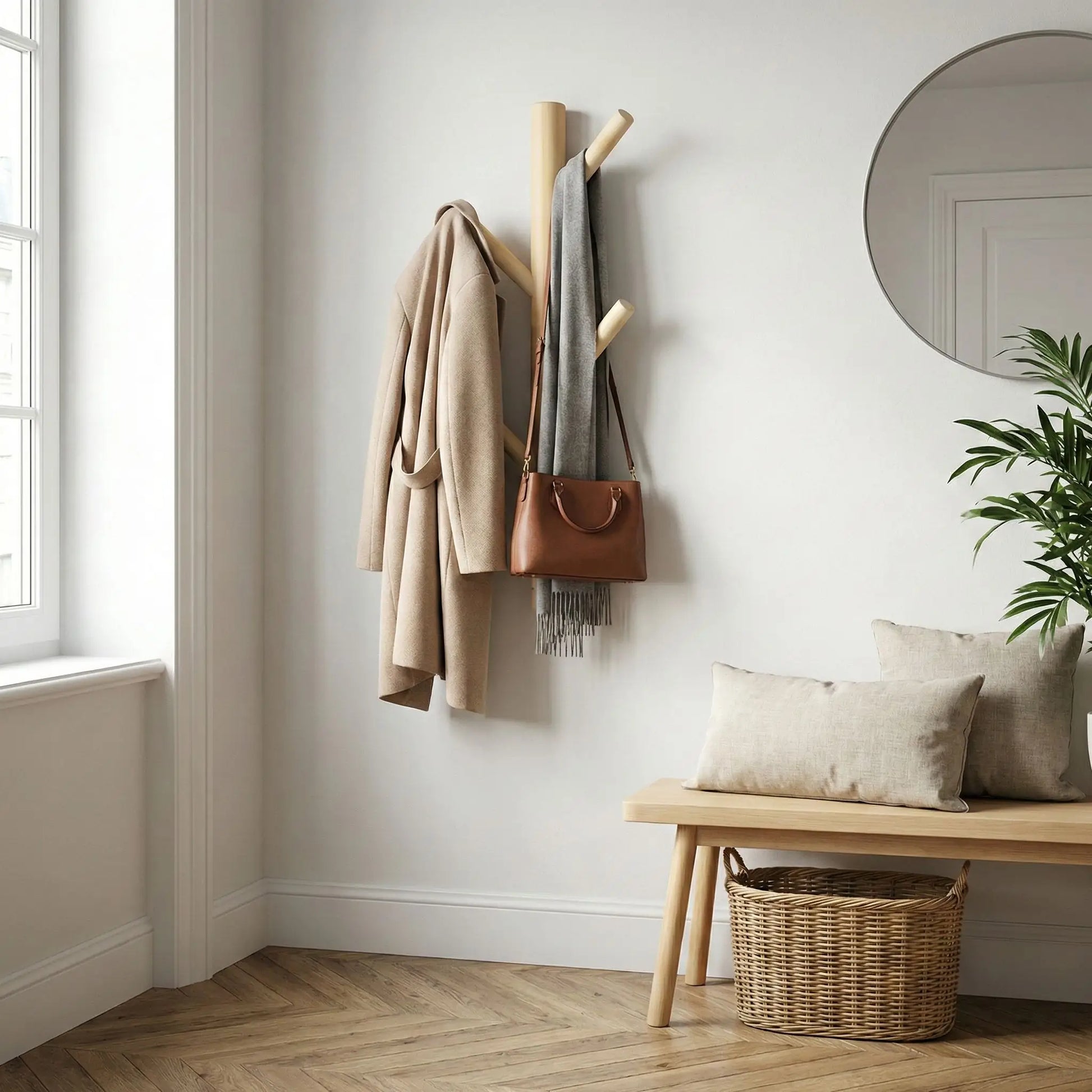 Porte manteau mural en bois avec écharpe et sac arbre Élégant Naturel