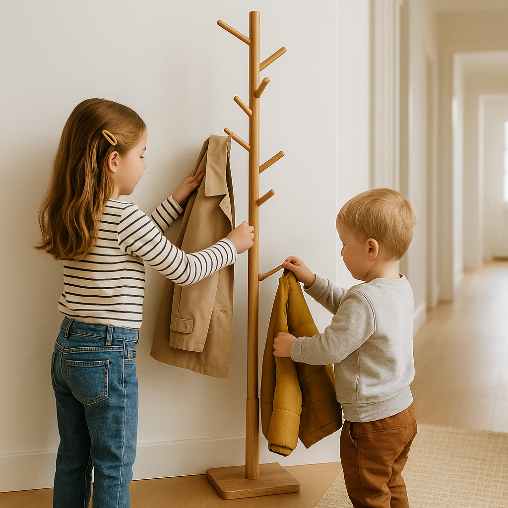 porte manteau mural en bois avec enfants qui accrochent leurs vestes