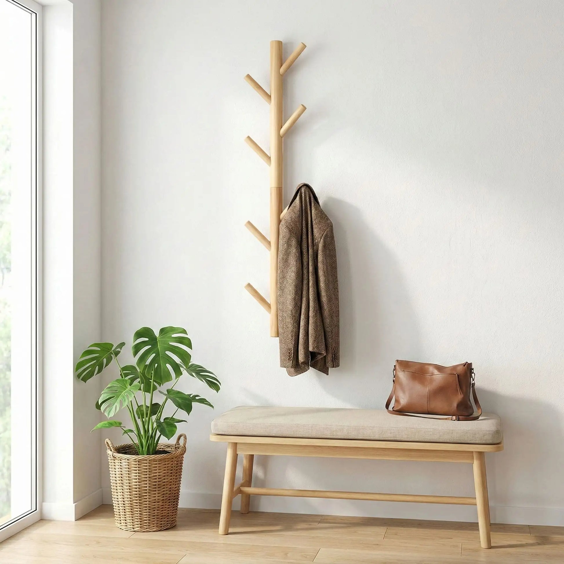 Porte manteau mural en bois huit crochets arbre Élégant Naturel