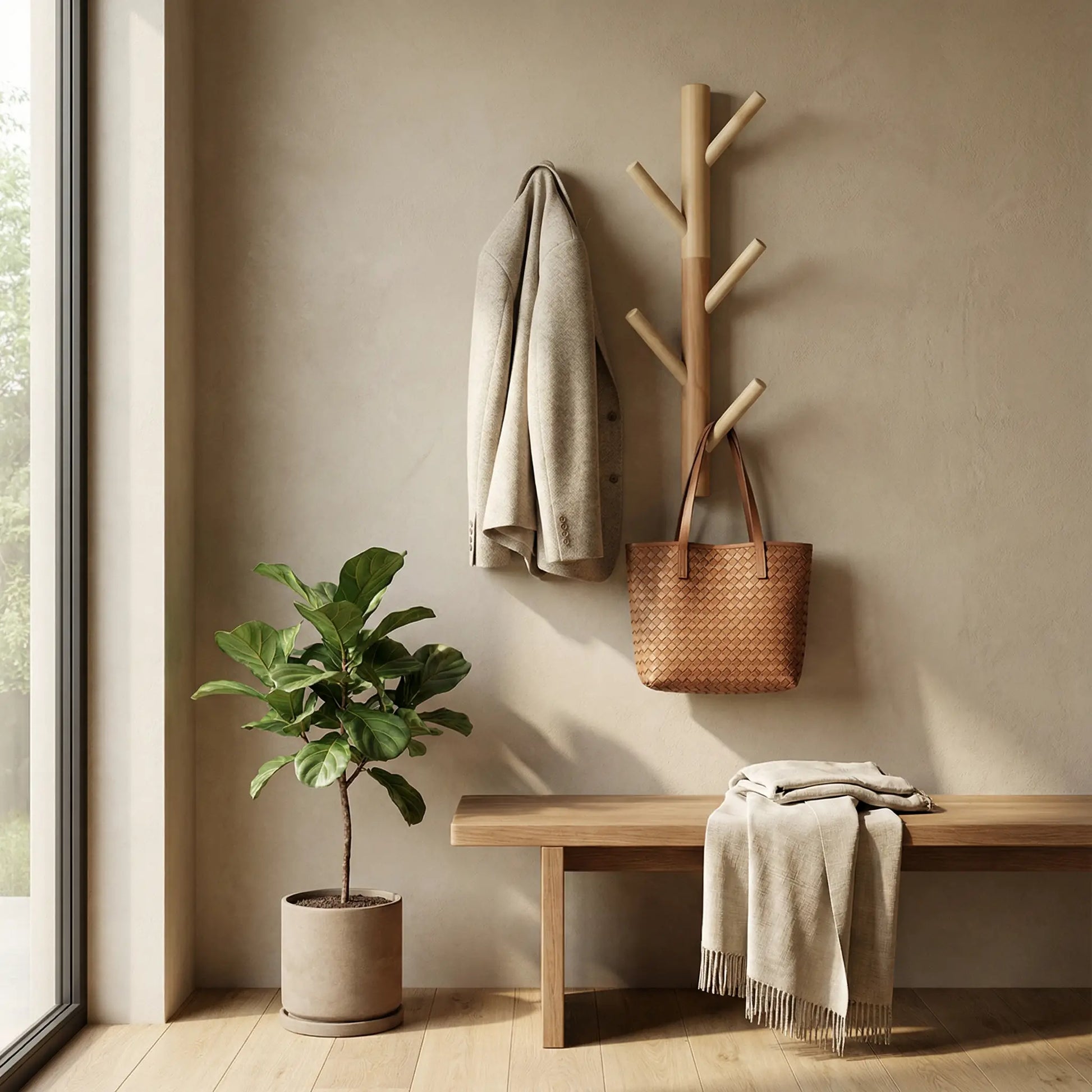 Porte manteau mural en bois quatre crochets arbre Élégant Naturel