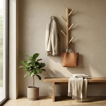 Porte manteau mural en bois quatre crochets arbre Élégant Naturel