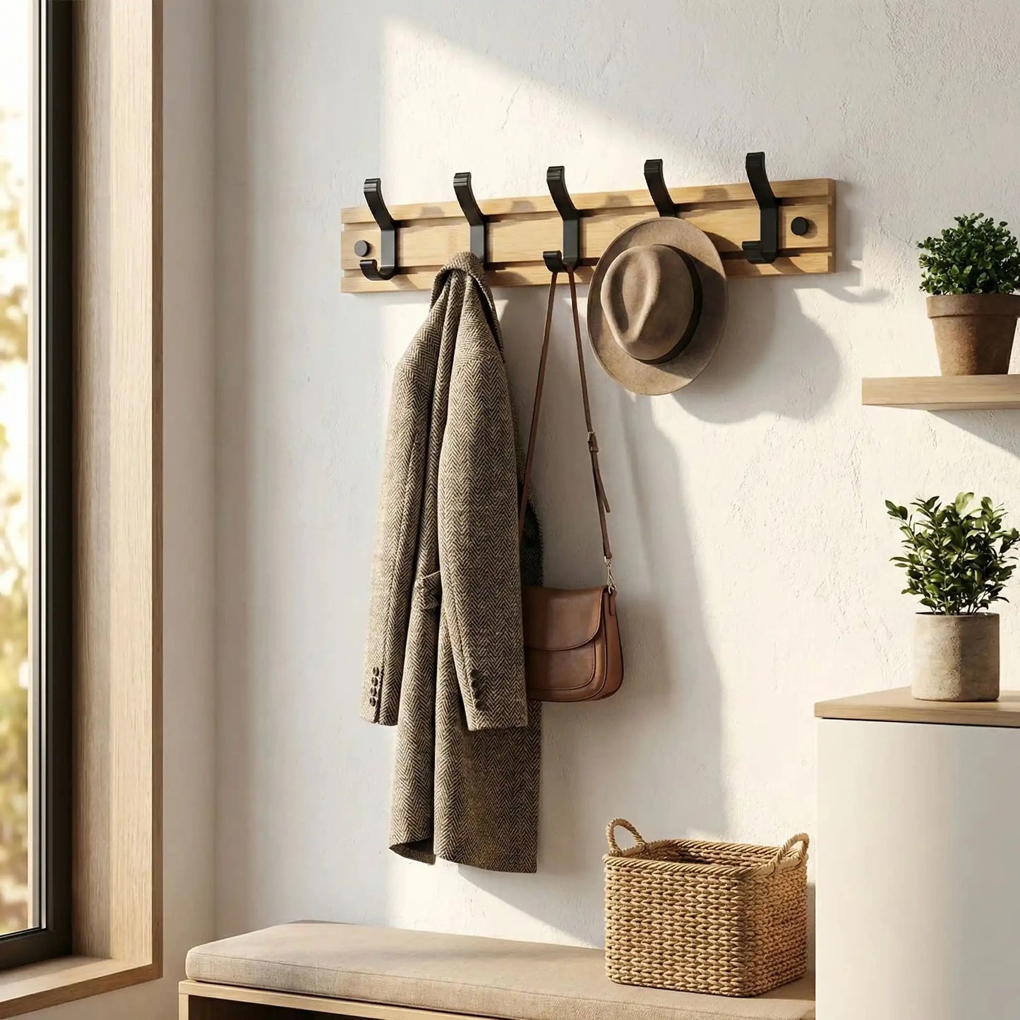 Porte-Manteau Mural en Bois | SlidingHook™ Porte-manteau mural en bois Rangement signature 5-crochets 