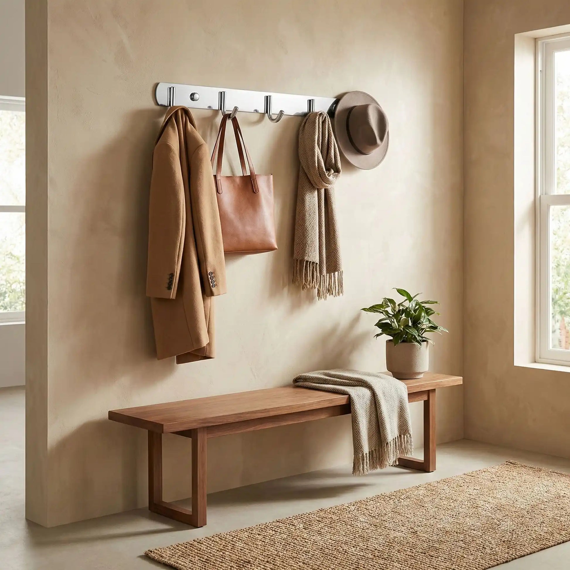 Porte-manteau mural Le Pêcheur en inox brossé installé dans une entrée moderne avec un banc en bois, un chapeau et des sacs suspendus.