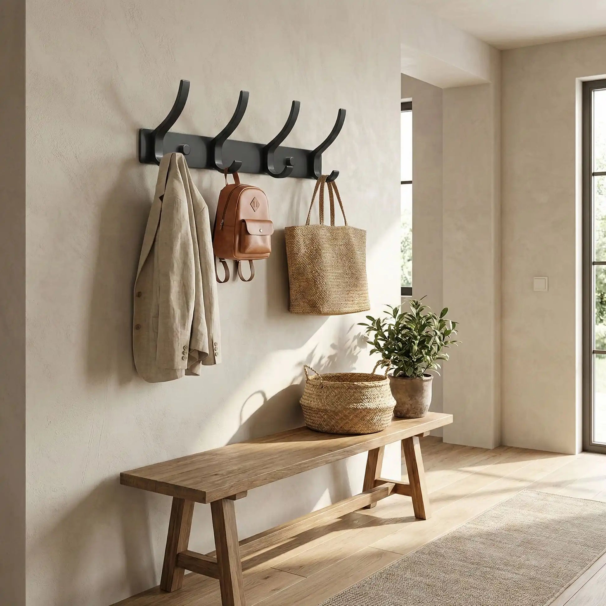 Ambiance entrée élégante avec porte-manteau mural Alumine noir, veste et sac suspendus au-dessus d'un banc en bois naturel.