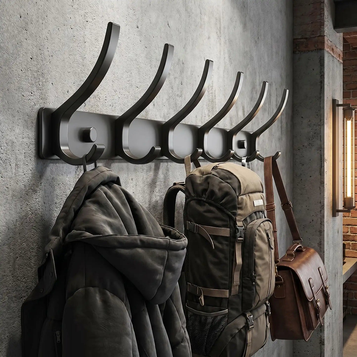 Porte-manteau mural Alumine noir mat supportant un sac à dos lourd et une parka d'hiver, démonstration de résistance 30kg sur mur industriel.