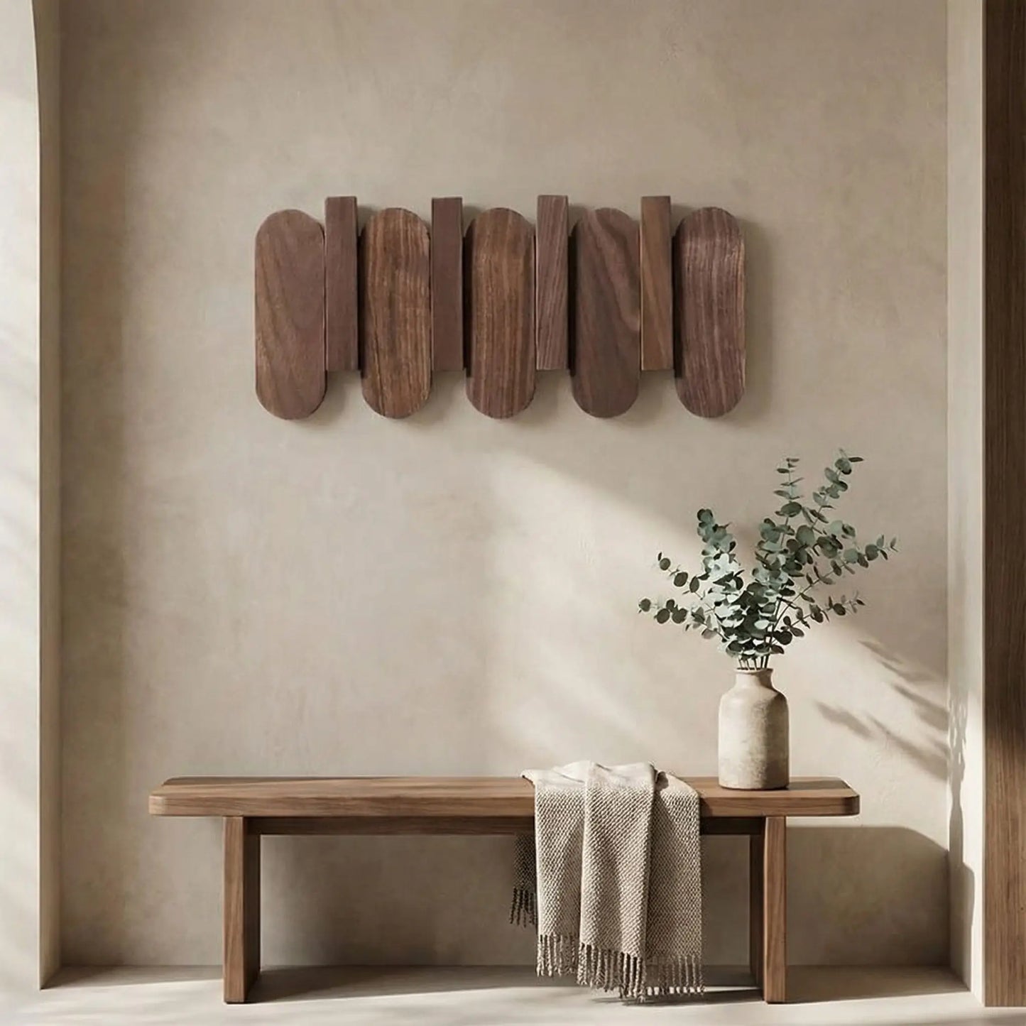 Porte-manteau mural en bois de noyer massif avec 4 crochets rabattables - Longueur 30,5 cm