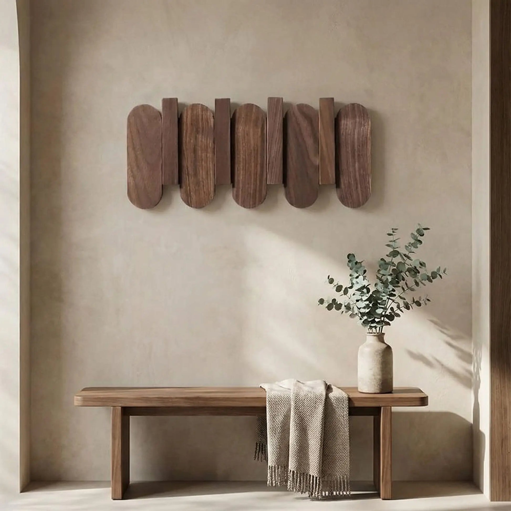 Porte-manteau mural en bois de noyer massif avec 4 crochets rabattables - Longueur 30,5 cm